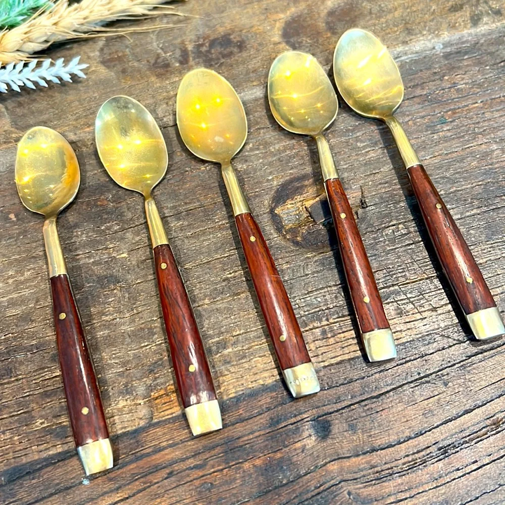 🎁 4/$25 - VINTAGE Thai bronze & wood teaspoons - set of 5 - 1950’s - Picture 3 of 6